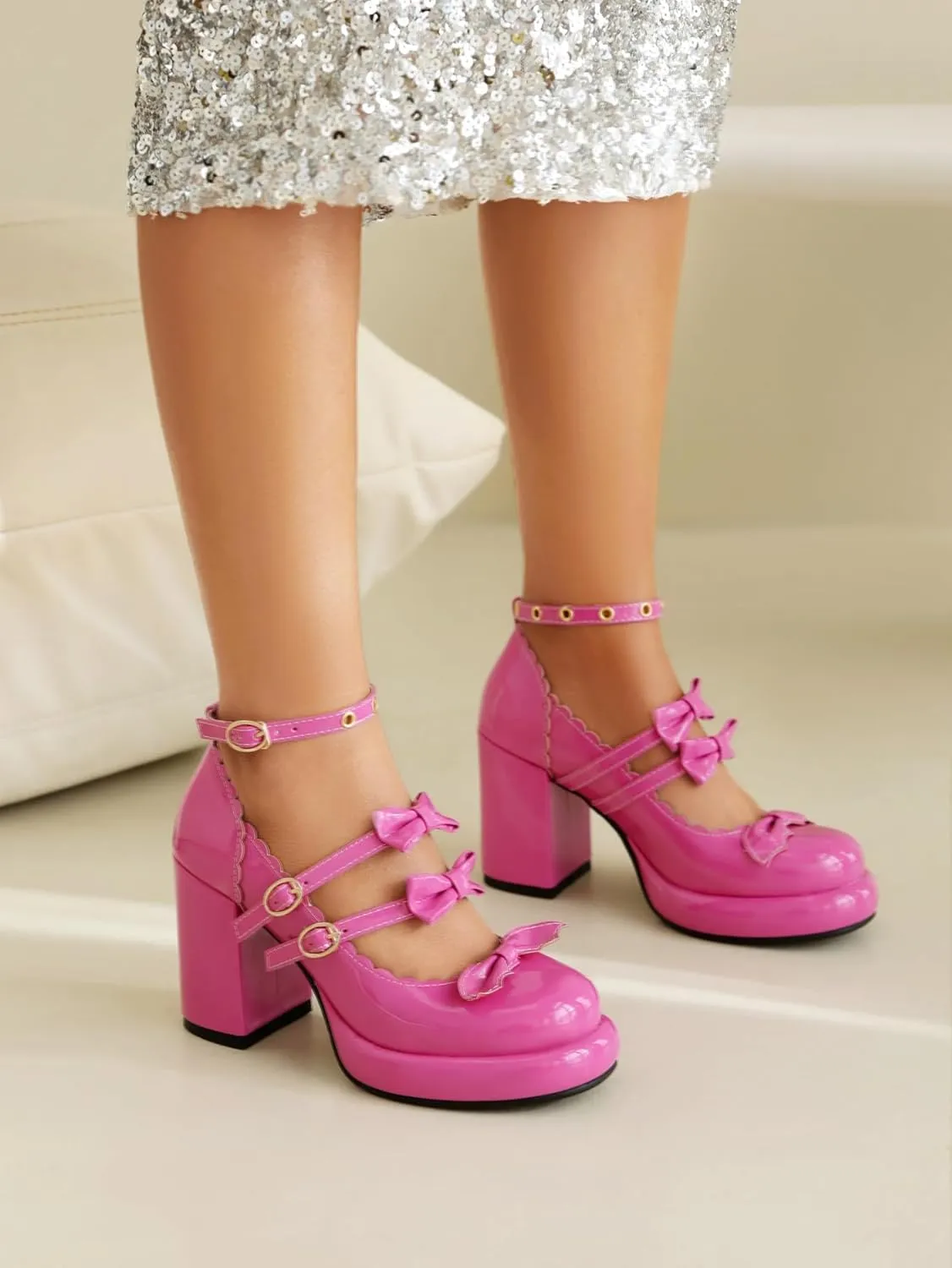SACFOF Chunky High Heel Bow Pumps for Women Platform Round Toe Ankle Strap Mary Jane Patent Leather Dressy Shoes