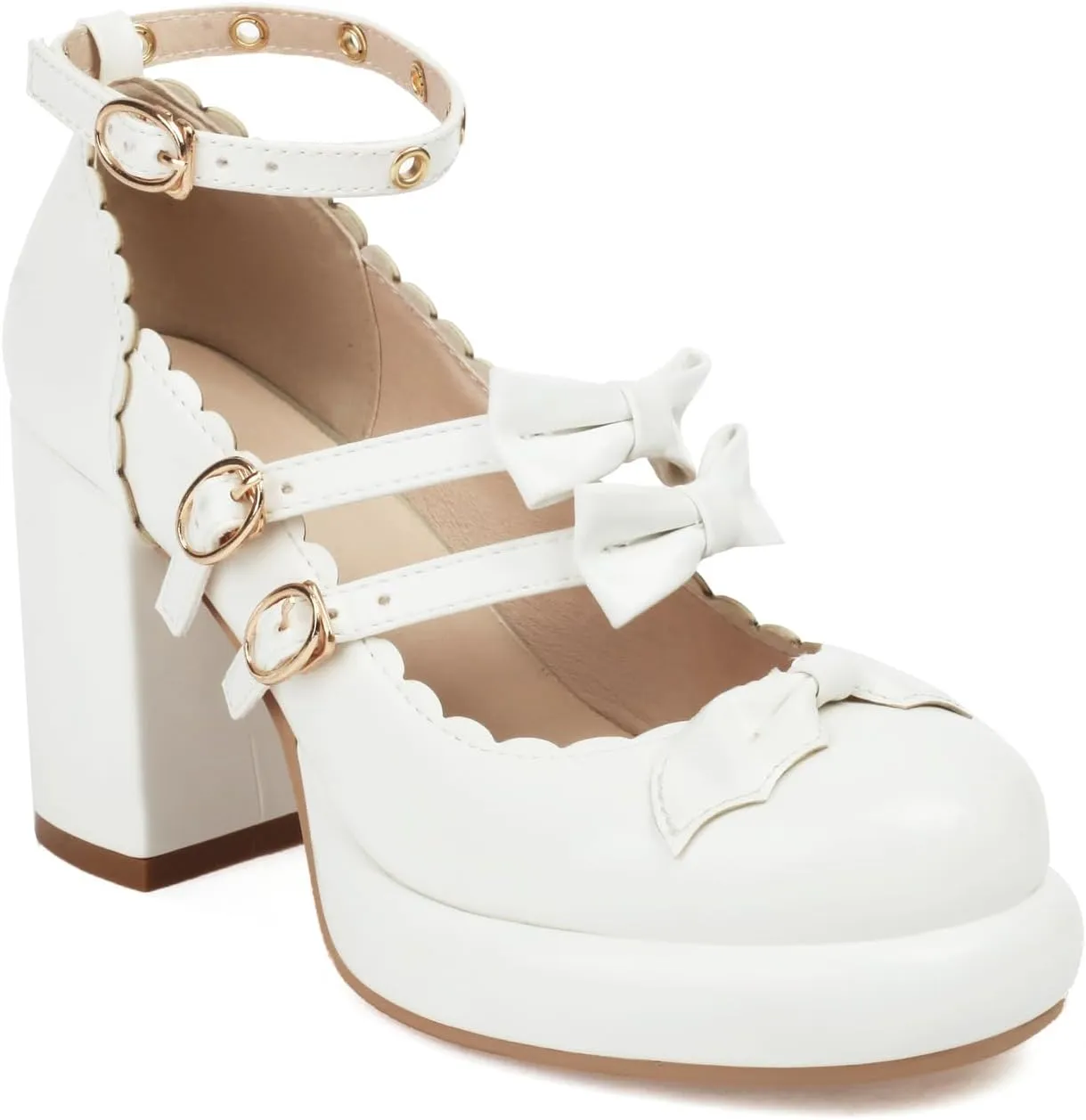 SACFOF Chunky High Heel Bow Pumps for Women Platform Round Toe Ankle Strap Mary Jane Patent Leather Dressy Shoes