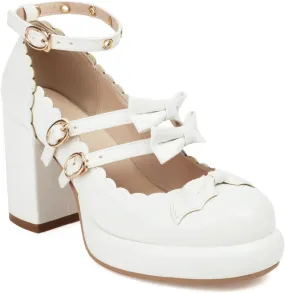 SACFOF Chunky High Heel Bow Pumps for Women Platform Round Toe Ankle Strap Mary Jane Patent Leather Dressy Shoes