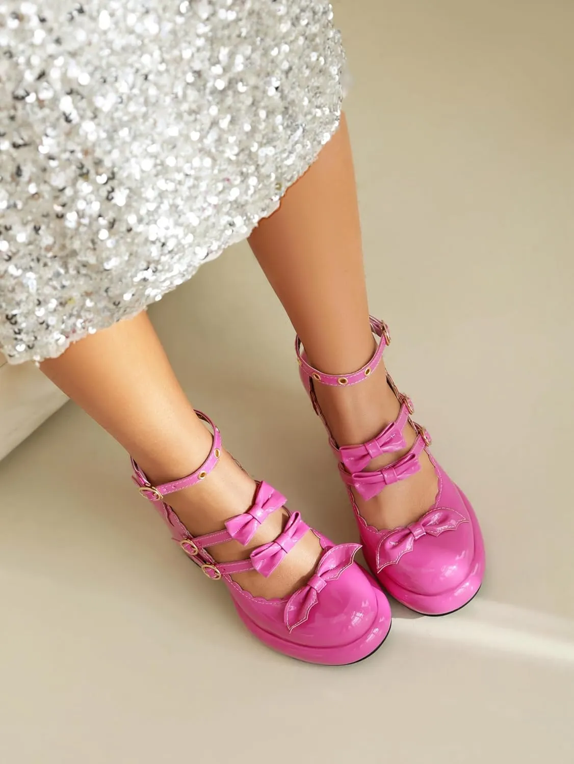 SACFOF Chunky High Heel Bow Pumps for Women Platform Round Toe Ankle Strap Mary Jane Patent Leather Dressy Shoes