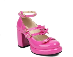 SACFOF Chunky High Heel Bow Pumps for Women Platform Round Toe Ankle Strap Mary Jane Patent Leather Dressy Shoes
