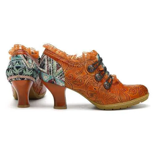 SOCOFY Retro Mid Heel Leather Shoes