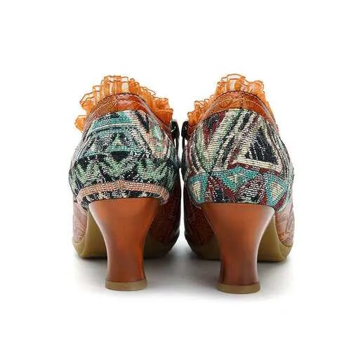 SOCOFY Retro Mid Heel Leather Shoes