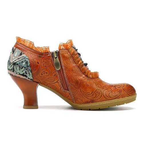 SOCOFY Retro Mid Heel Leather Shoes