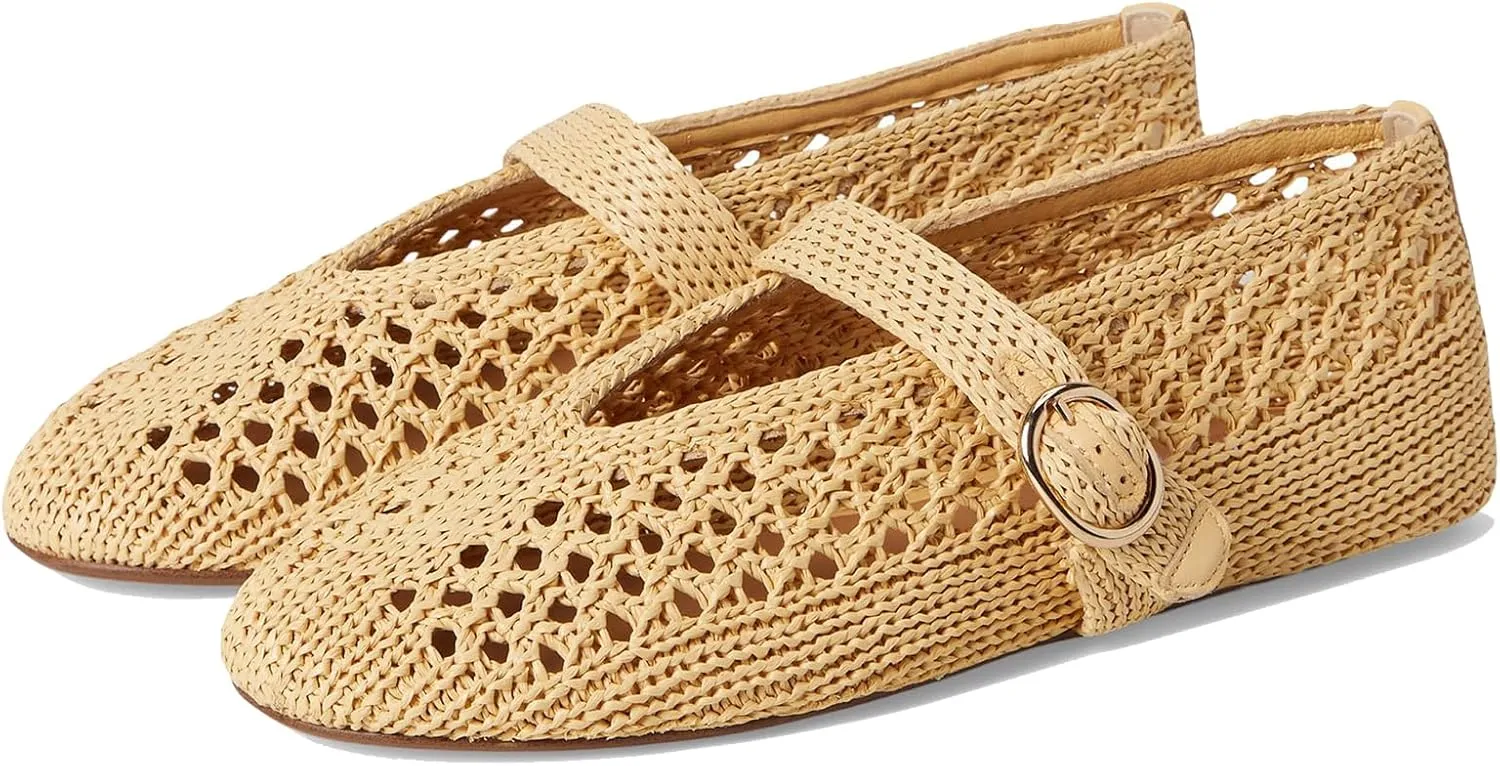 SOVANYOU Women's Ballet Flats Woven Mary Jane Flats Breathable Buckle Strap Raffia Shoes Comfortable Ballerina Flats