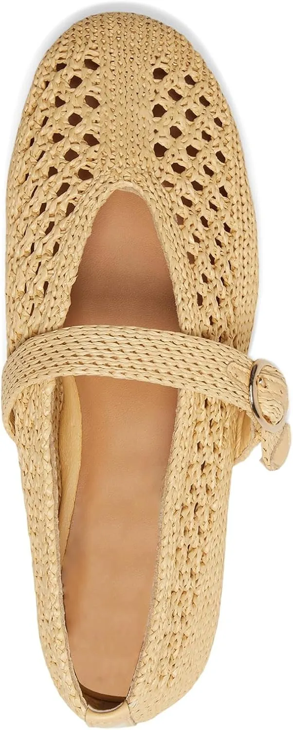 SOVANYOU Women's Ballet Flats Woven Mary Jane Flats Breathable Buckle Strap Raffia Shoes Comfortable Ballerina Flats