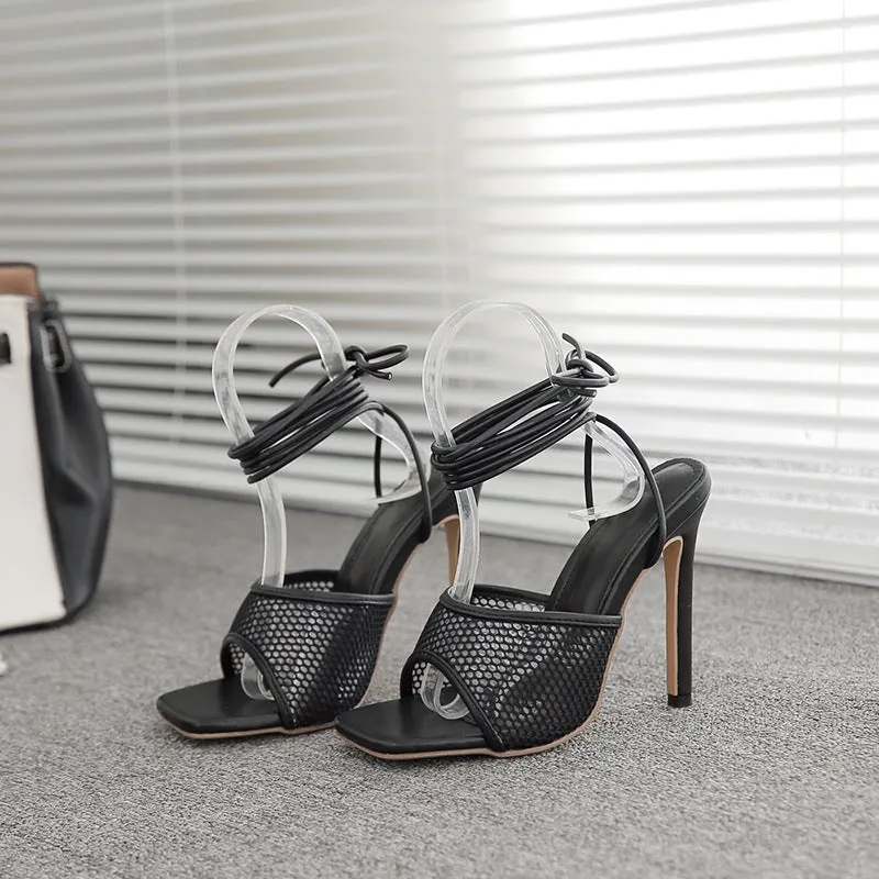 Square peep toe fishnet hollow tie-up heels | Sexy summer party heels