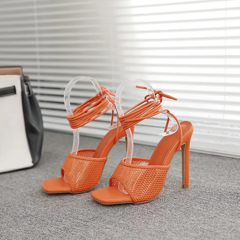 Square peep toe fishnet hollow tie-up heels | Sexy summer party heels