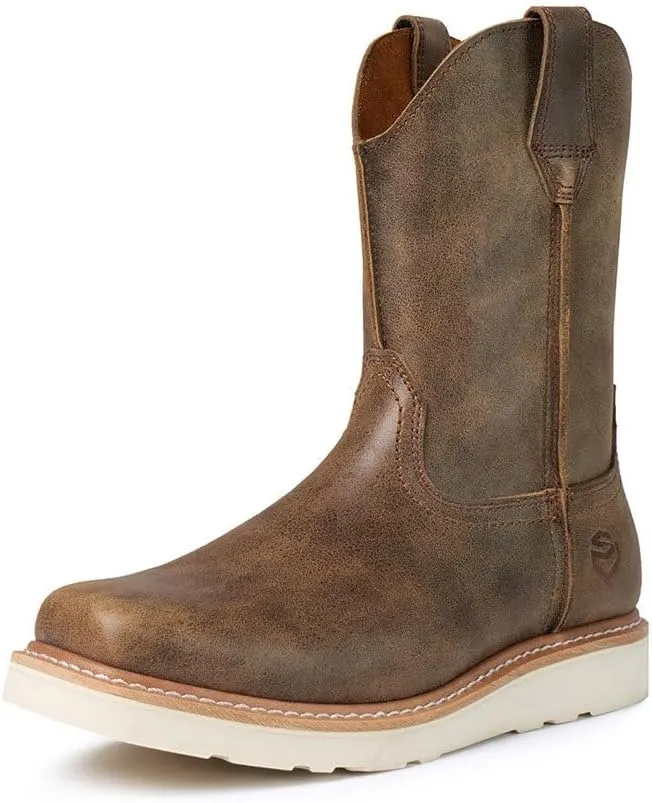 SUREWAY Western Boots - Mens Square Toe Work Boot,Pull On Leather Wellington Boots,Durable Classic Slip Resistant Soft Toe Cowboy Boot