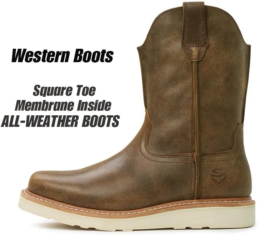 SUREWAY Western Boots - Mens Square Toe Work Boot,Pull On Leather Wellington Boots,Durable Classic Slip Resistant Soft Toe Cowboy Boot
