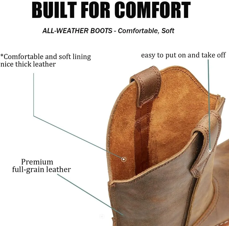 SUREWAY Western Boots - Mens Square Toe Work Boot,Pull On Leather Wellington Boots,Durable Classic Slip Resistant Soft Toe Cowboy Boot