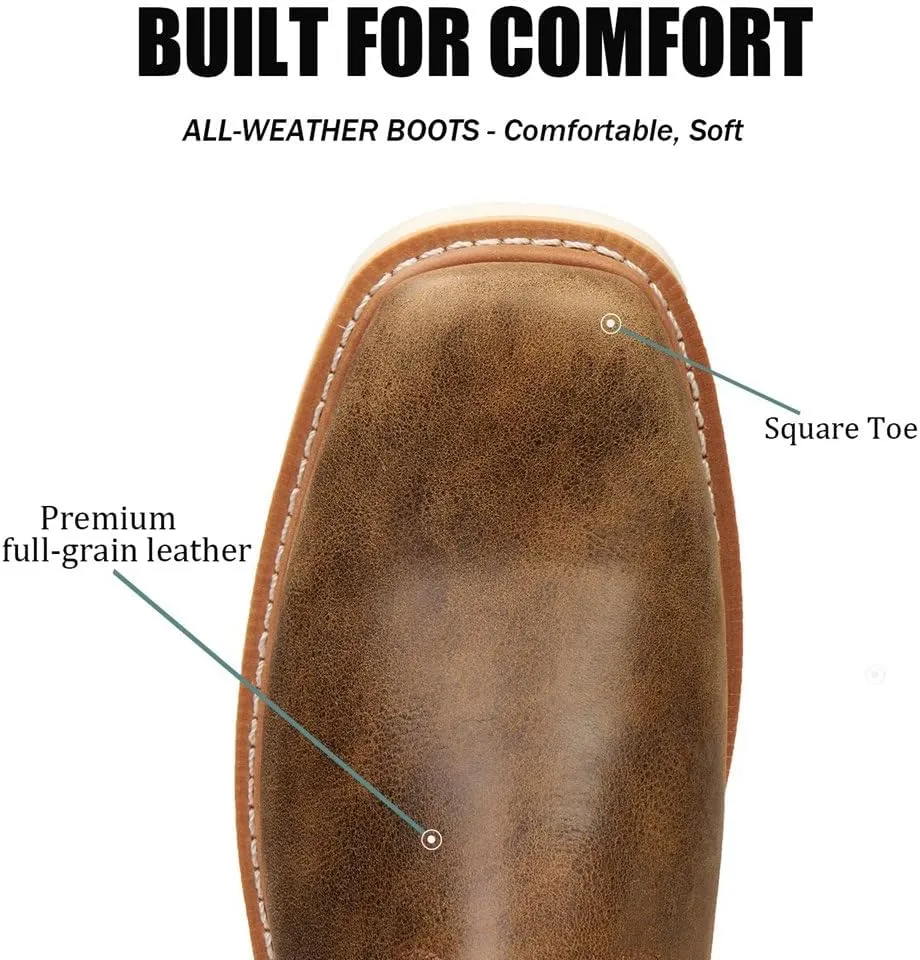 SUREWAY Western Boots - Mens Square Toe Work Boot,Pull On Leather Wellington Boots,Durable Classic Slip Resistant Soft Toe Cowboy Boot