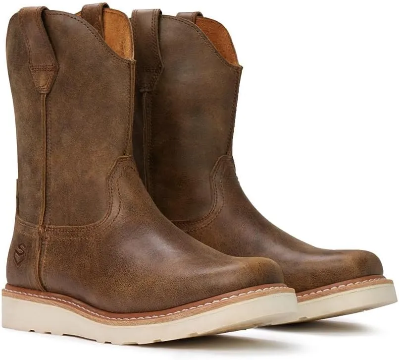 SUREWAY Western Boots - Mens Square Toe Work Boot,Pull On Leather Wellington Boots,Durable Classic Slip Resistant Soft Toe Cowboy Boot