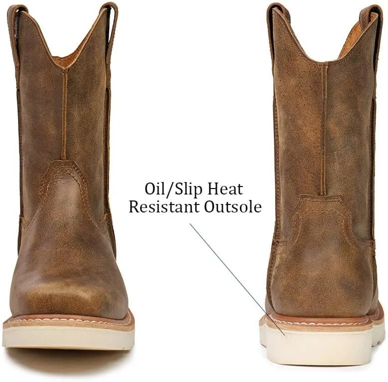 SUREWAY Western Boots - Mens Square Toe Work Boot,Pull On Leather Wellington Boots,Durable Classic Slip Resistant Soft Toe Cowboy Boot