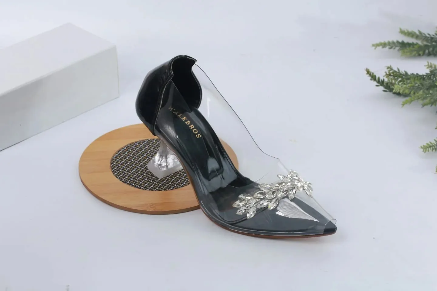 TRANSPARENT CRYSTAL CINDERELLA GLASS HEEL SHOES - BLACK