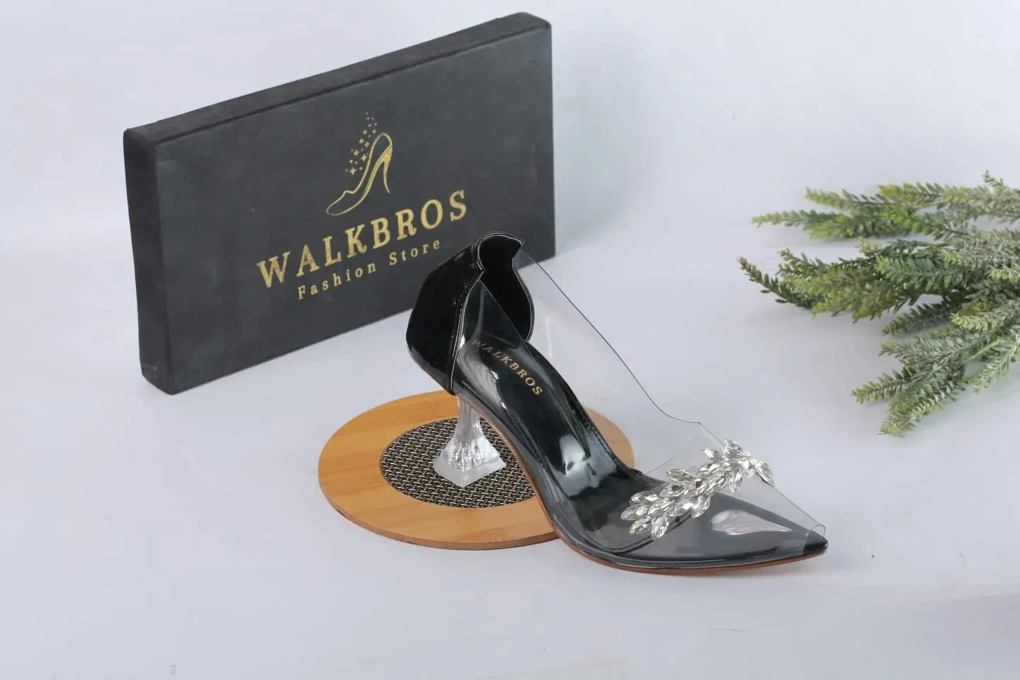 TRANSPARENT CRYSTAL CINDERELLA GLASS HEEL SHOES - BLACK
