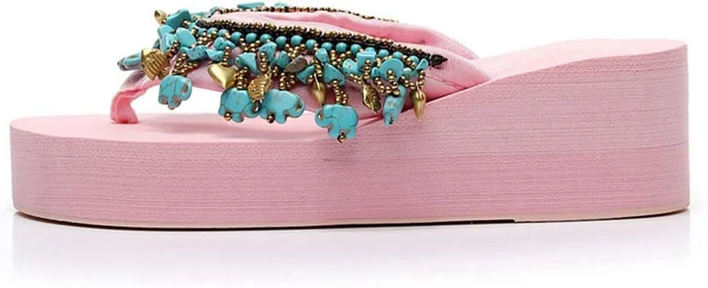 VOKLIN Women's Bohemian Beaded Wedge Flipflops High Heel Platform Comfy Nonslip Summer Fringe Beach Sandals