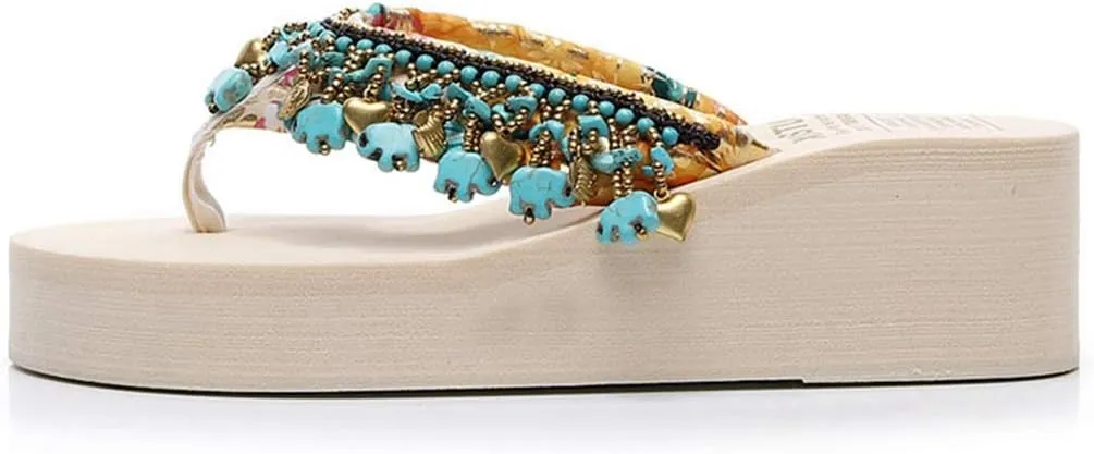 VOKLIN Women's Bohemian Beaded Wedge Flipflops High Heel Platform Comfy Nonslip Summer Fringe Beach Sandals