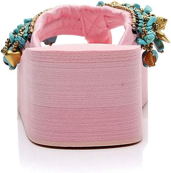 VOKLIN Women's Bohemian Beaded Wedge Flipflops High Heel Platform Comfy Nonslip Summer Fringe Beach Sandals