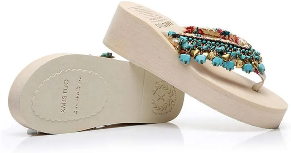 VOKLIN Women's Bohemian Beaded Wedge Flipflops High Heel Platform Comfy Nonslip Summer Fringe Beach Sandals