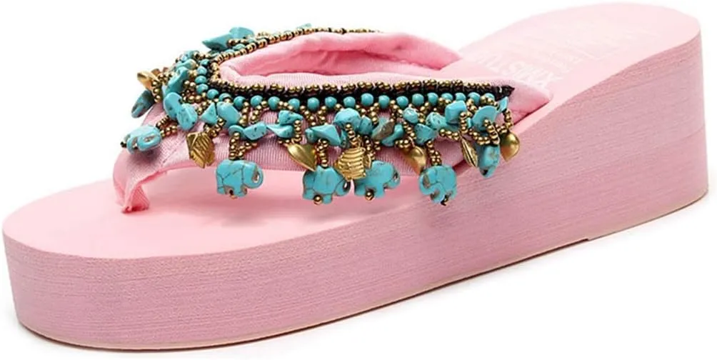 VOKLIN Women's Bohemian Beaded Wedge Flipflops High Heel Platform Comfy Nonslip Summer Fringe Beach Sandals