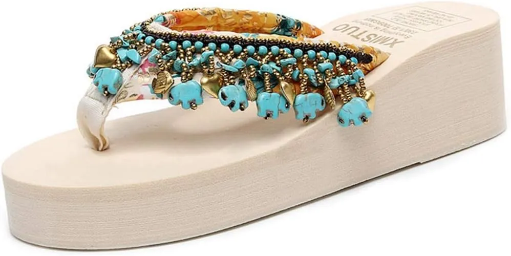 VOKLIN Women's Bohemian Beaded Wedge Flipflops High Heel Platform Comfy Nonslip Summer Fringe Beach Sandals