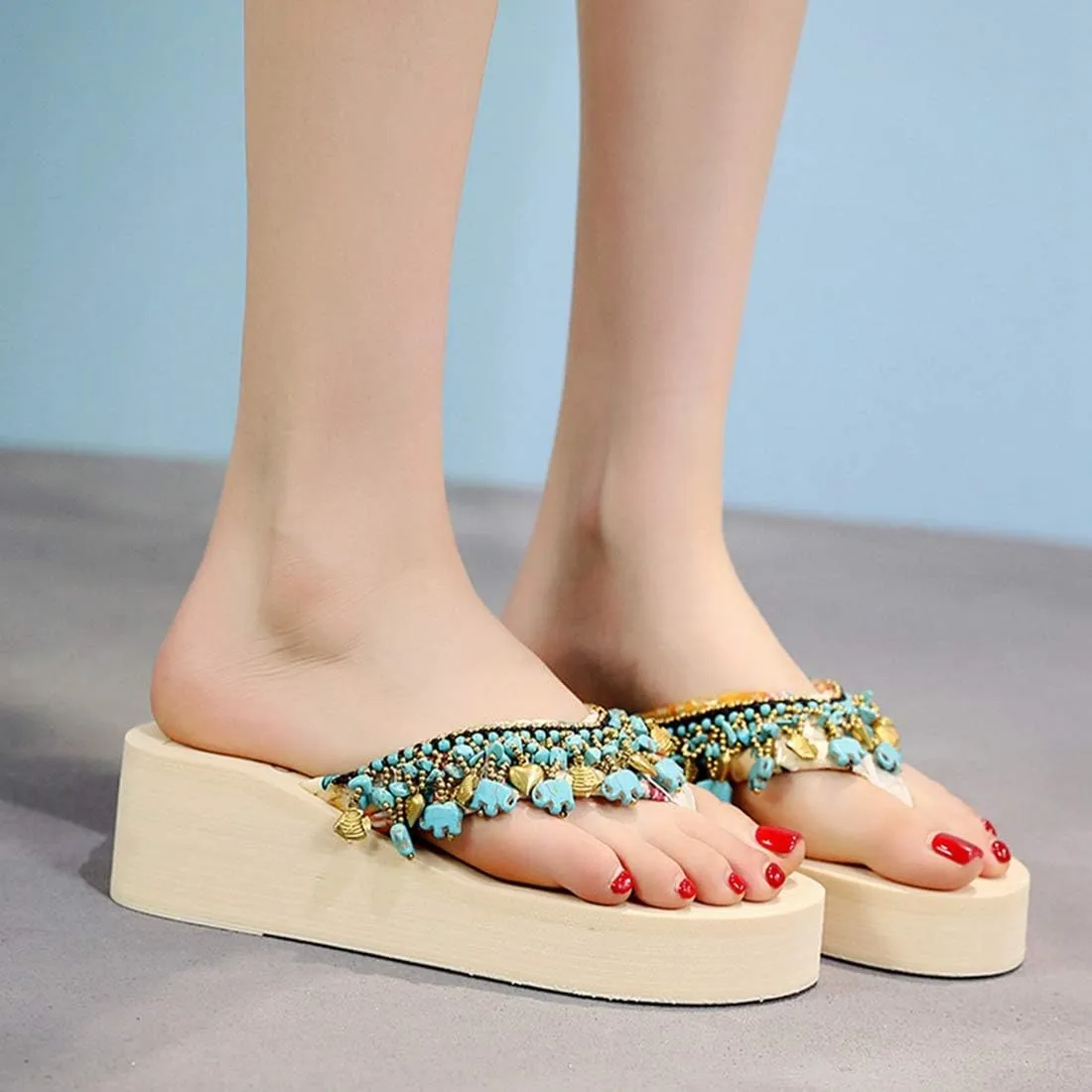 VOKLIN Women's Bohemian Beaded Wedge Flipflops High Heel Platform Comfy Nonslip Summer Fringe Beach Sandals