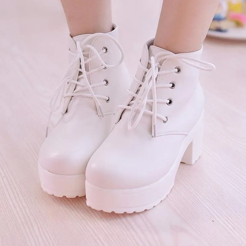 Women platform boots high heel lace up ankle boots