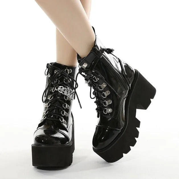 Women's black thick platform stempunk ankle boots metal décor gothic boots