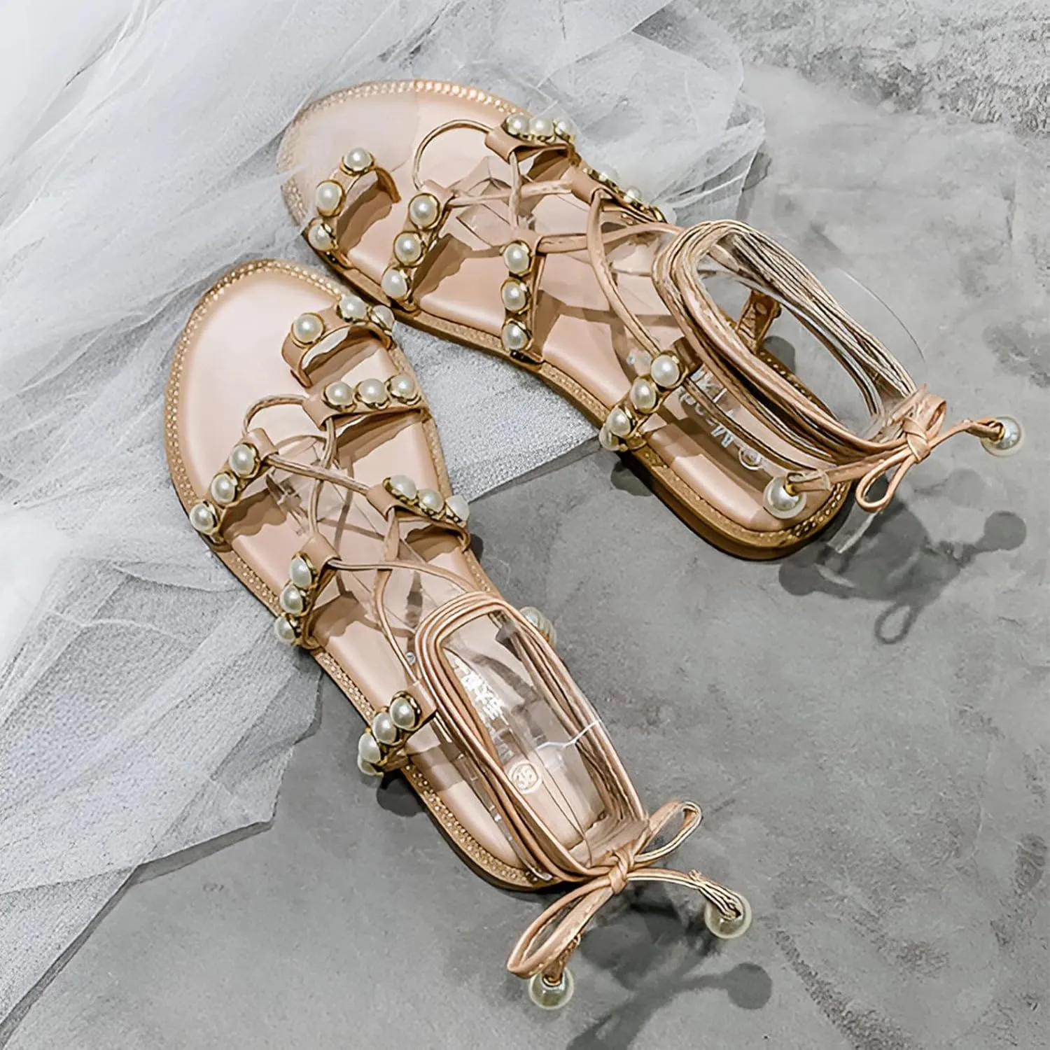 Women's Bohemia Lace-Up Toe Ring Sandals Chic Pearl Strappy Flat Heel Beach Shoes