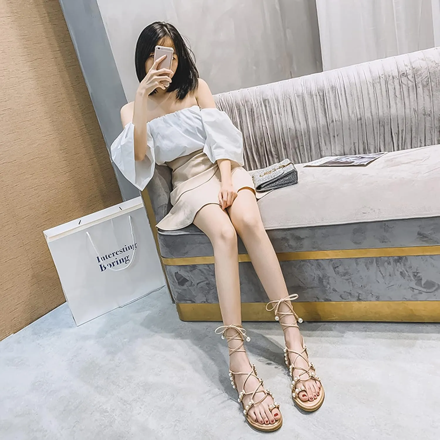 Women's Bohemia Lace-Up Toe Ring Sandals Chic Pearl Strappy Flat Heel Beach Shoes