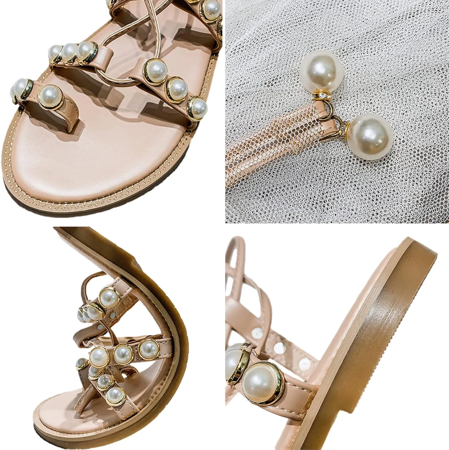 Women's Bohemia Lace-Up Toe Ring Sandals Chic Pearl Strappy Flat Heel Beach Shoes