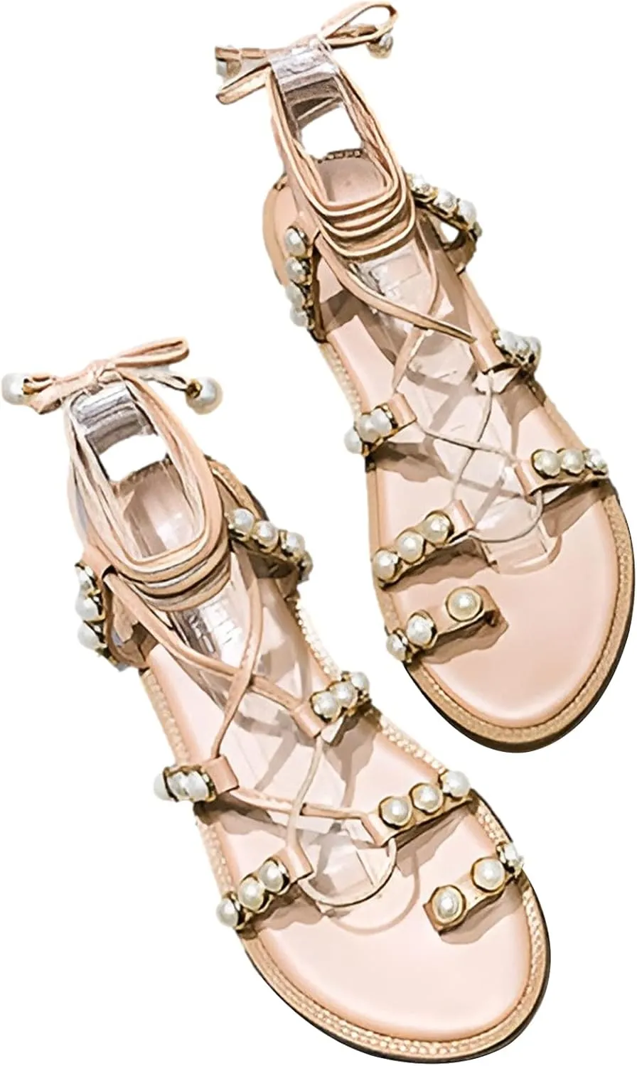 Women's Bohemia Lace-Up Toe Ring Sandals Chic Pearl Strappy Flat Heel Beach Shoes