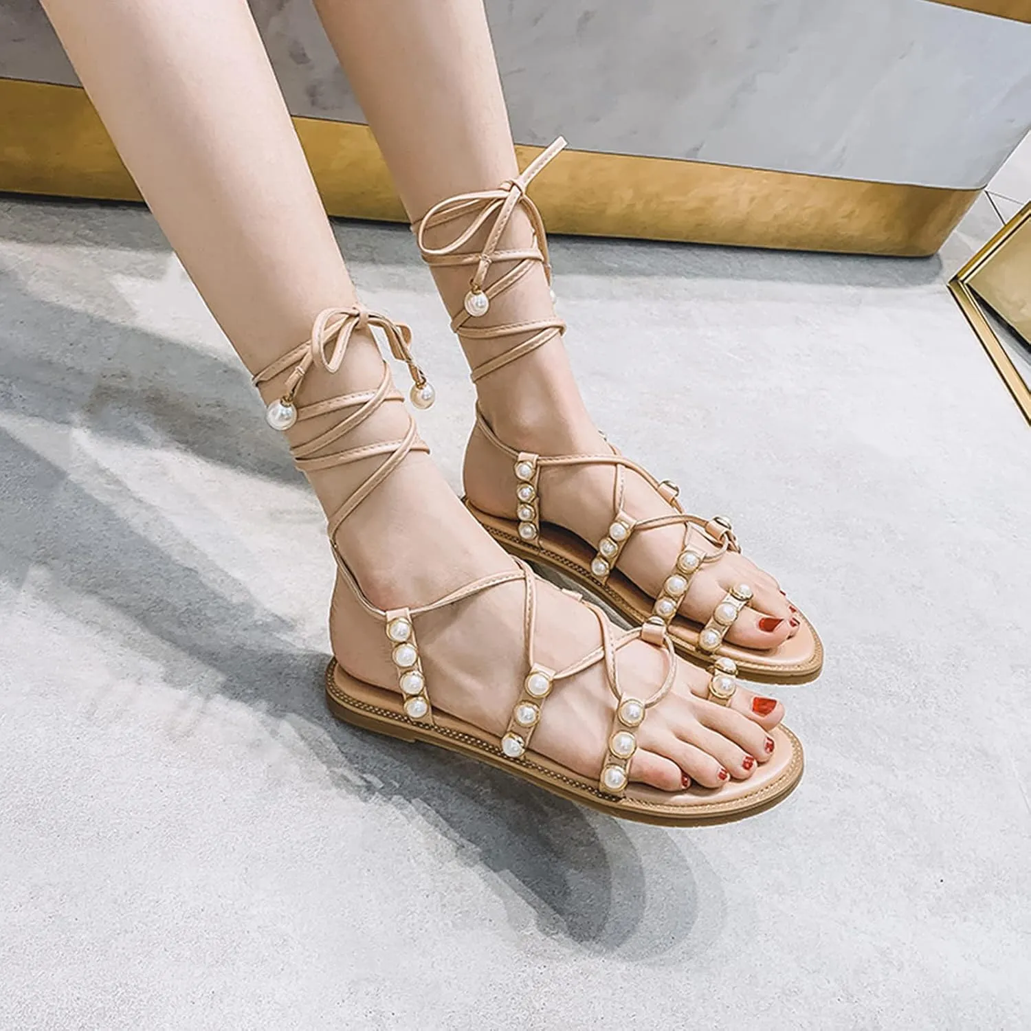 Women's Bohemia Lace-Up Toe Ring Sandals Chic Pearl Strappy Flat Heel Beach Shoes