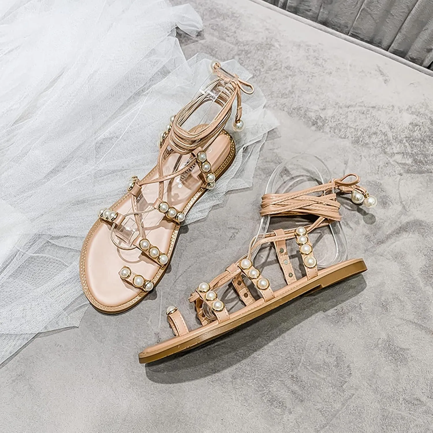 Women's Bohemia Lace-Up Toe Ring Sandals Chic Pearl Strappy Flat Heel Beach Shoes