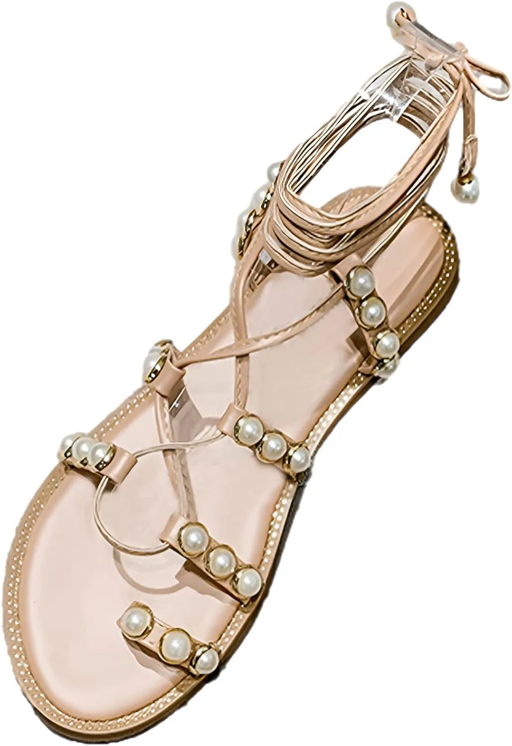 Women's Bohemia Lace-Up Toe Ring Sandals Chic Pearl Strappy Flat Heel Beach Shoes