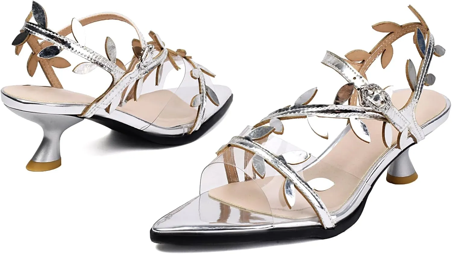 Women's kitten heel Strappy Clear Sandals Elegant Tie Up Pointed Toe Sandals
