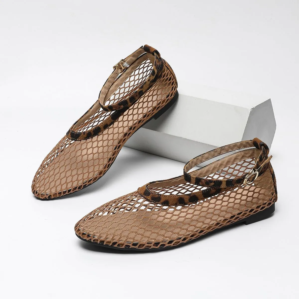 Women's Mesh Ballet Flats Ankle Strap Mary Jane Style Breathable Metal Buckle shoes Summer Casual Daily Dress Fishnet Flats