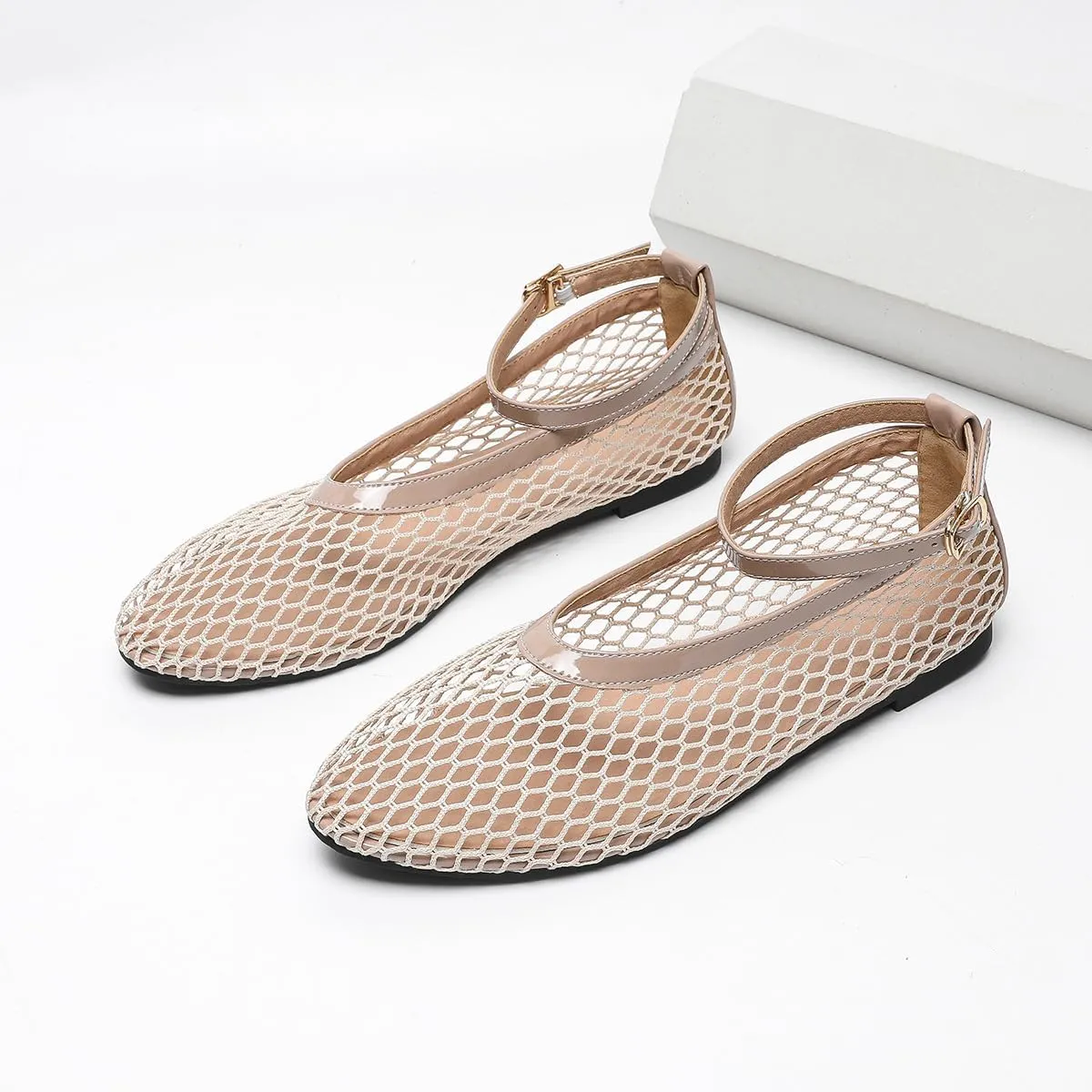 Women's Mesh Ballet Flats Ankle Strap Mary Jane Style Breathable Metal Buckle shoes Summer Casual Daily Dress Fishnet Flats