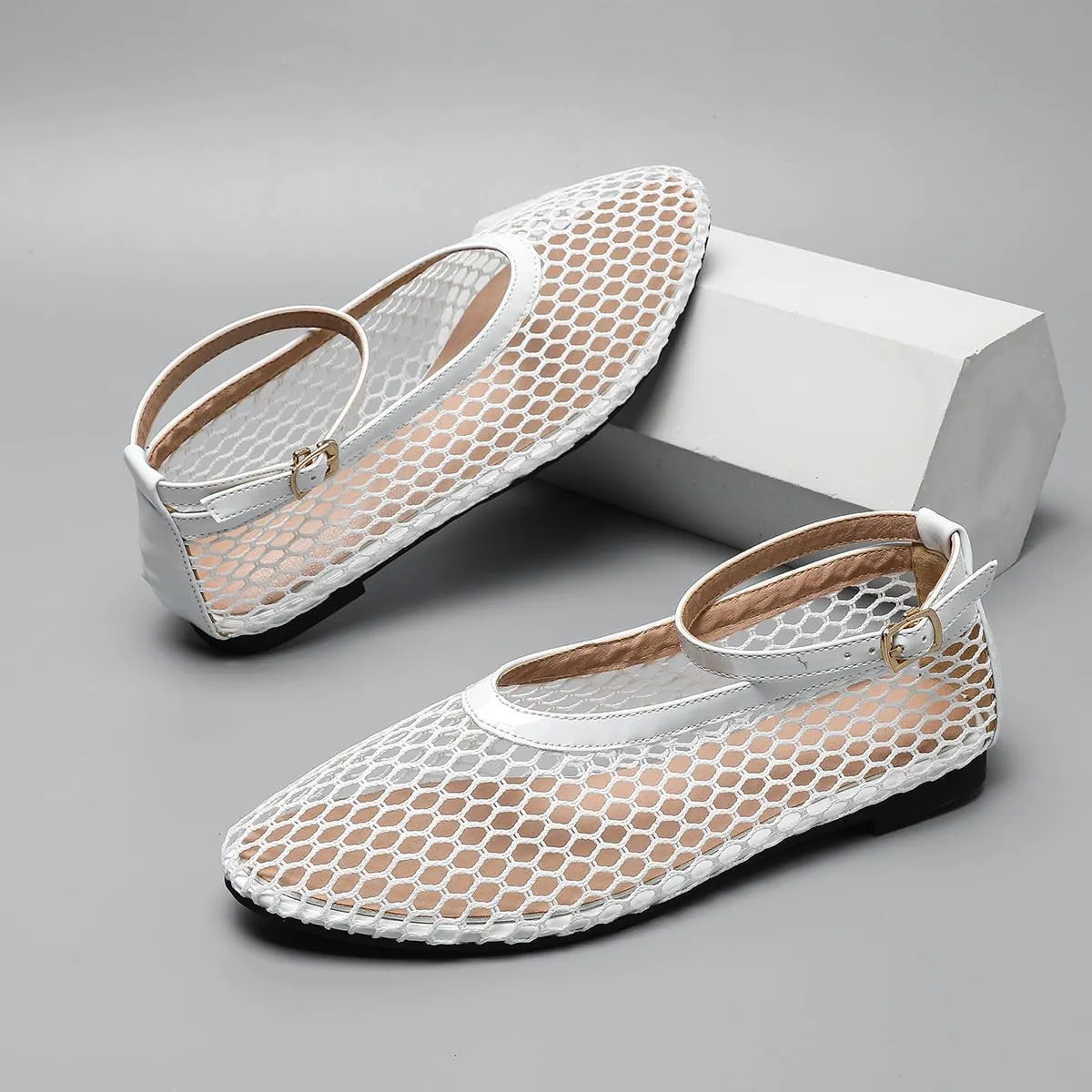 Women's Mesh Ballet Flats Ankle Strap Mary Jane Style Breathable Metal Buckle shoes Summer Casual Daily Dress Fishnet Flats