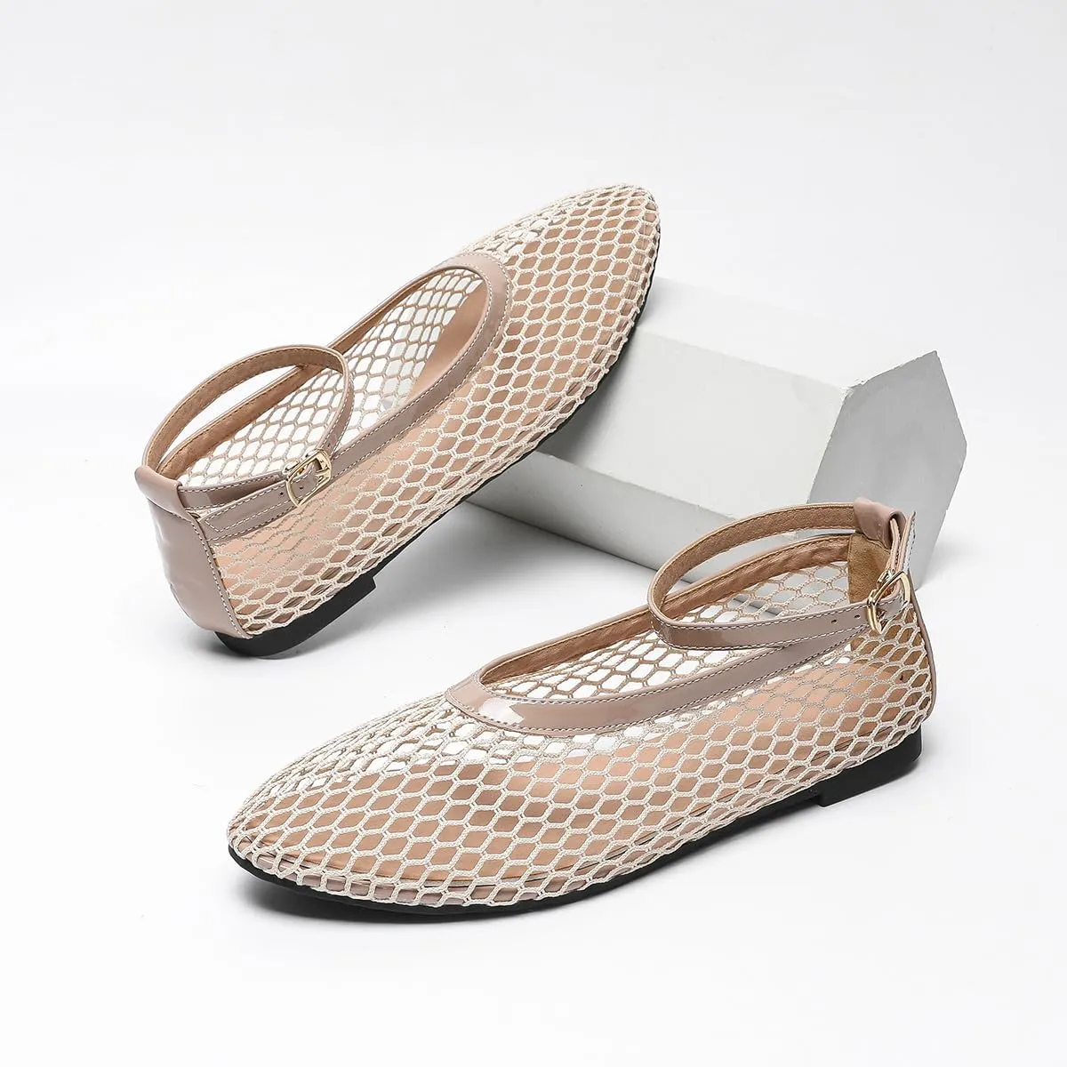 Women's Mesh Ballet Flats Ankle Strap Mary Jane Style Breathable Metal Buckle shoes Summer Casual Daily Dress Fishnet Flats