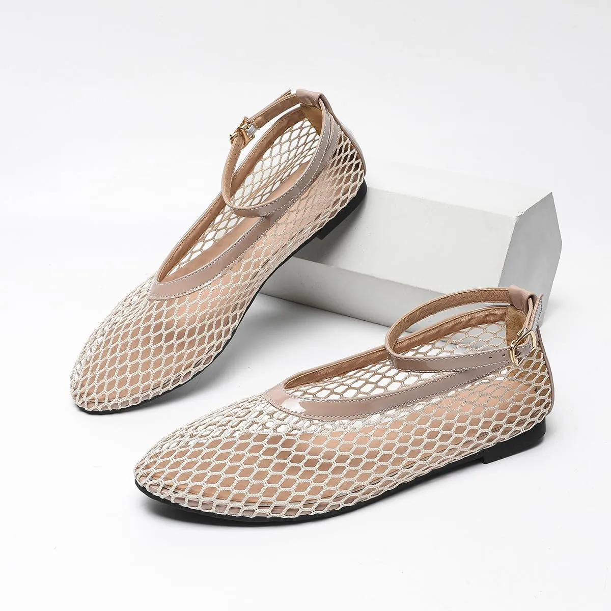 Women's Mesh Ballet Flats Ankle Strap Mary Jane Style Breathable Metal Buckle shoes Summer Casual Daily Dress Fishnet Flats