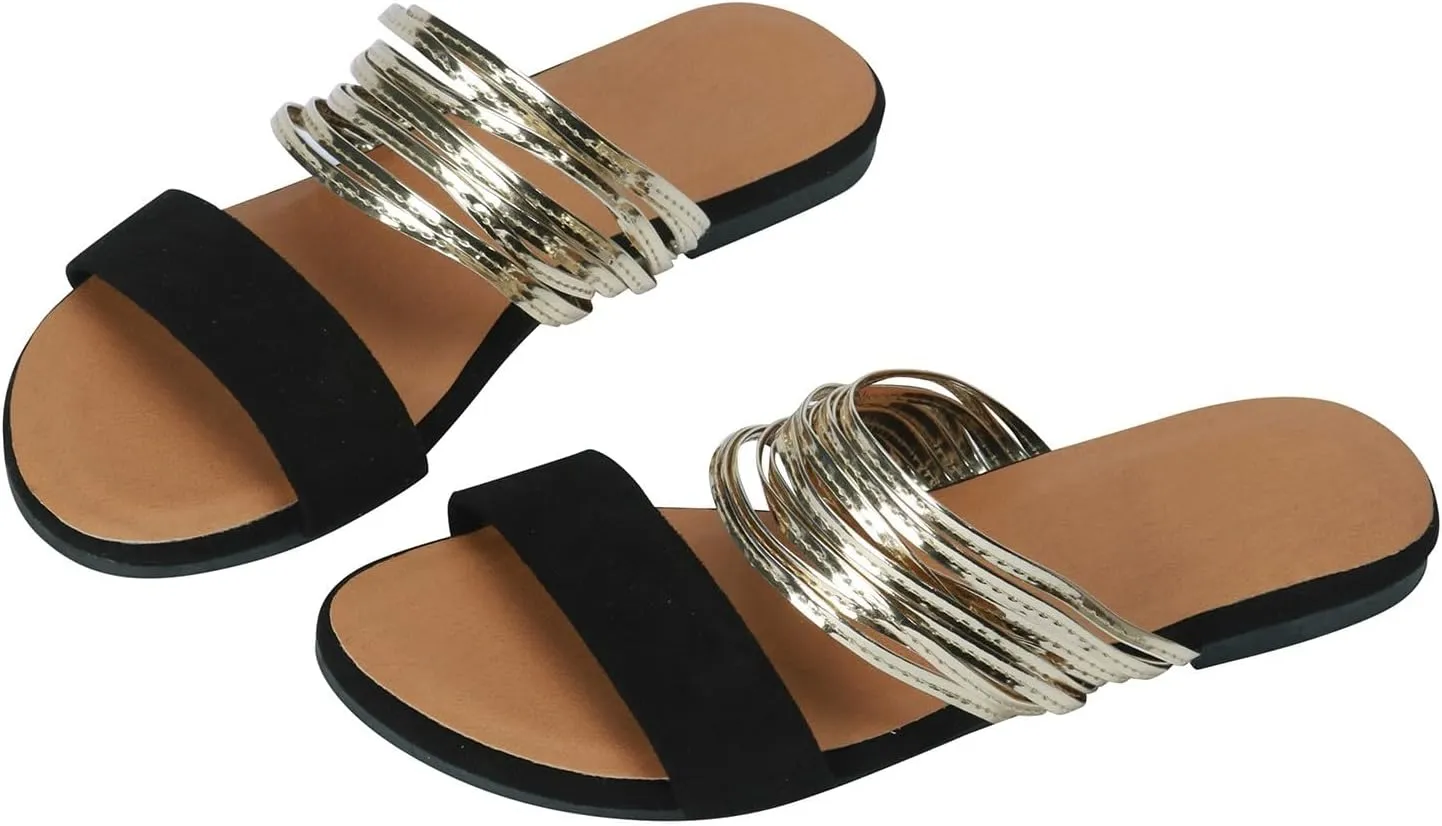 Women's Sandals Comfortable Soft Cushion Slide Sandals Dressy Summer Strappy Beach Slip On Flat Womens Sandals