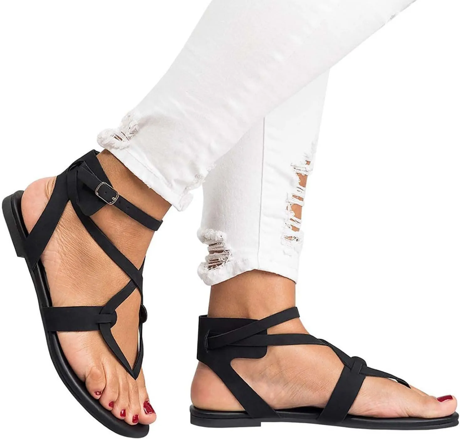 Women's Strappy Sandals with Buckle Ankle Strap Flats Footwear Stylish Sandal for Summer Casual Dressy Shoes