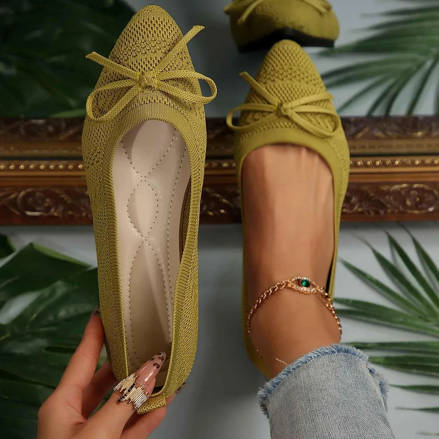 Women's Summer Fashion Bowknot Flats Solid-Color Mesh Casual Ballet Shoes Breathable and Comfortable Flats Shoe