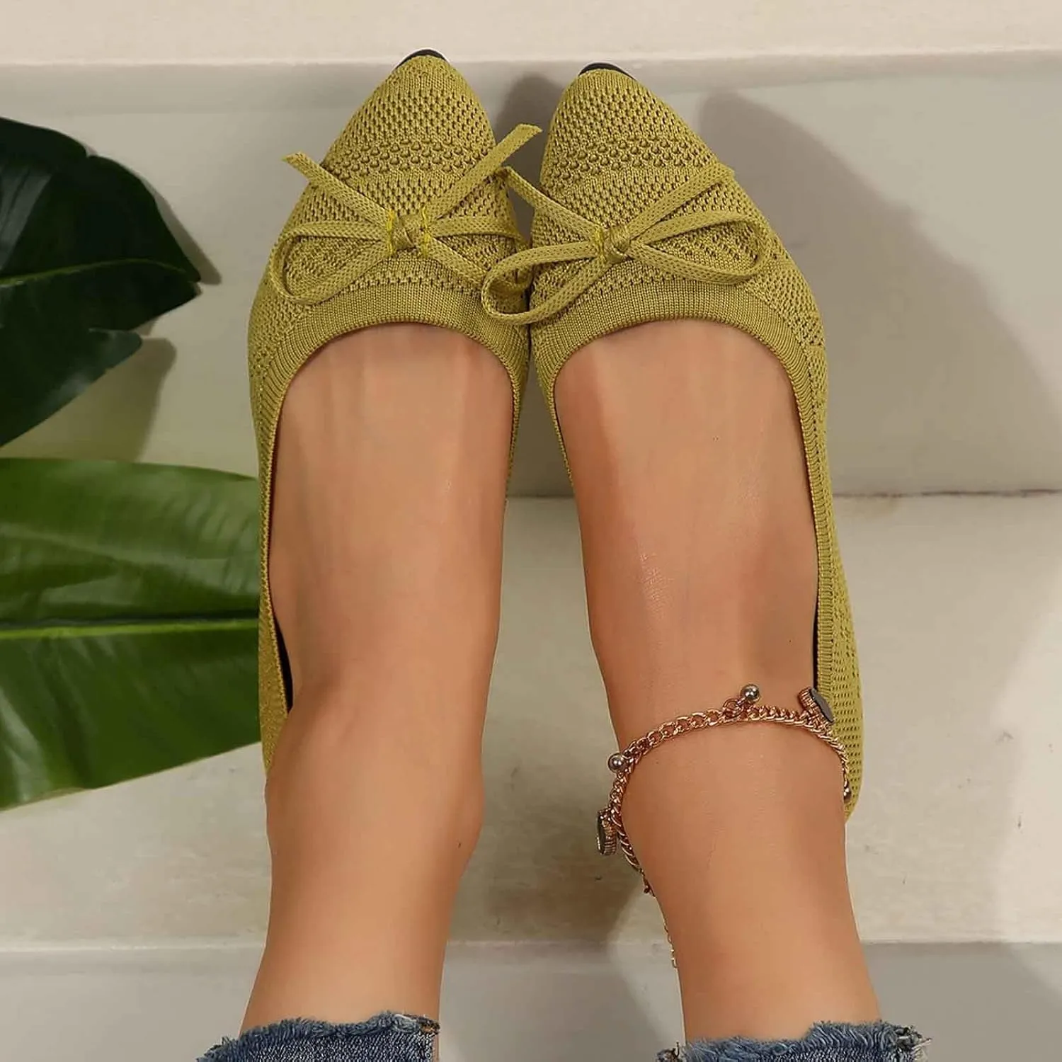 Women's Summer Fashion Bowknot Flats Solid-Color Mesh Casual Ballet Shoes Breathable and Comfortable Flats Shoe