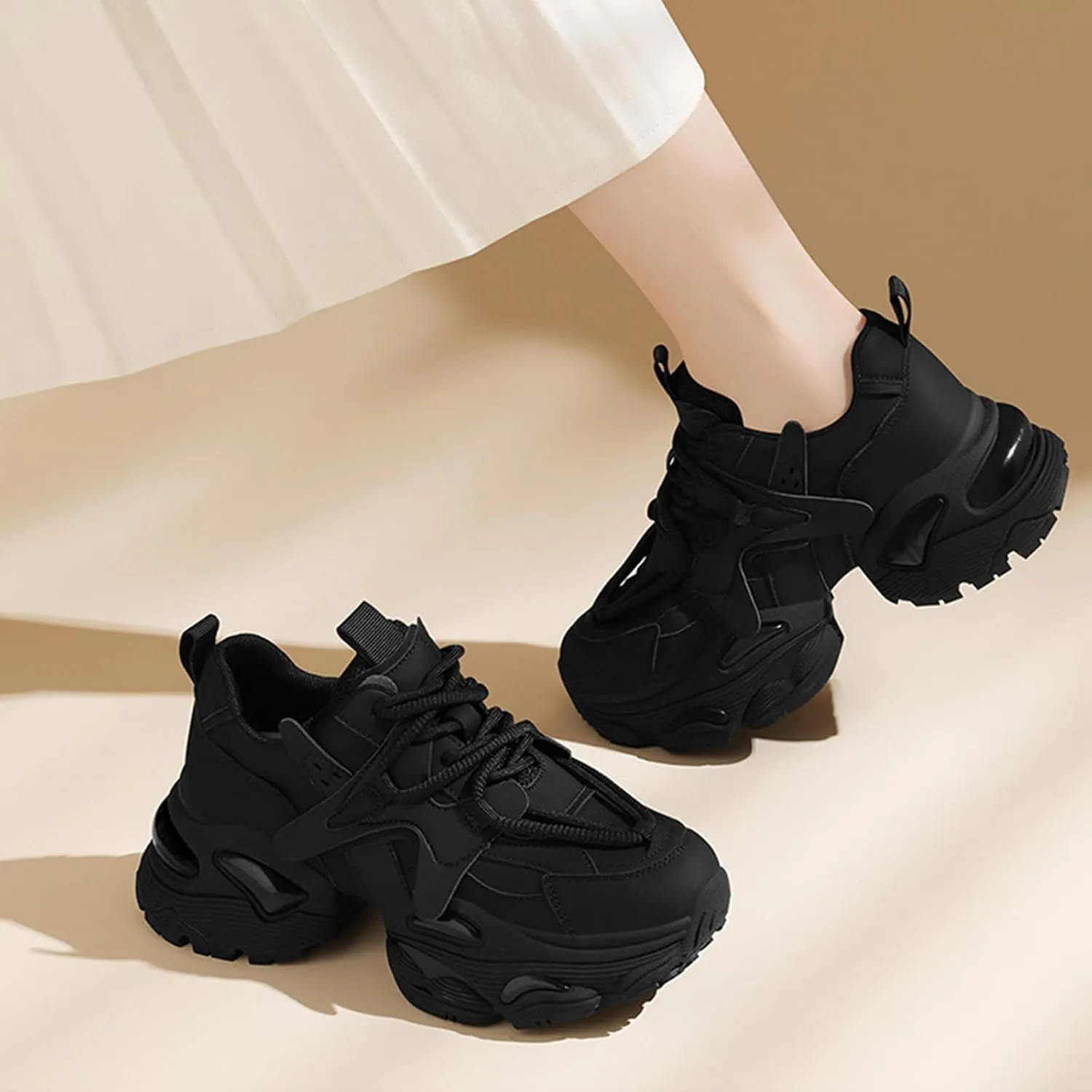 Women's Ultra-Light Fashion Sneakers - Breathable Casual Platform Trainers with Lace-Up, Autumn Versatile Sports Shoes for Ladies, Thick Bottom and Increased Height,Black-36