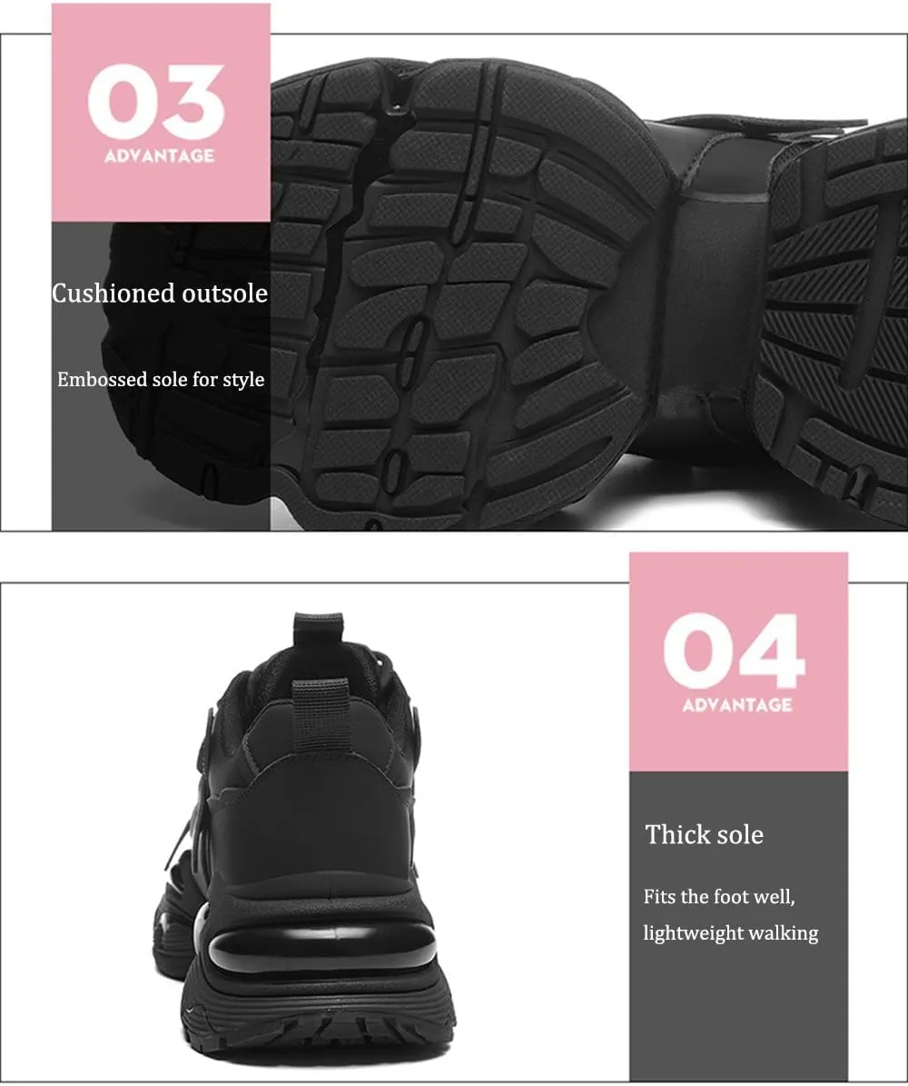 Women's Ultra-Light Fashion Sneakers - Breathable Casual Platform Trainers with Lace-Up, Autumn Versatile Sports Shoes for Ladies, Thick Bottom and Increased Height,Black-36
