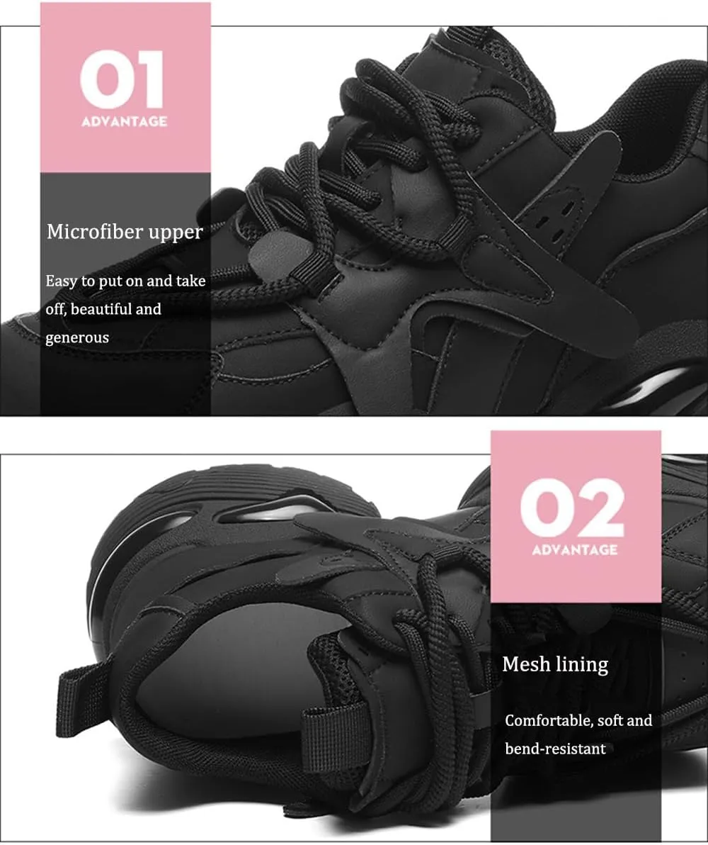 Women's Ultra-Light Fashion Sneakers - Breathable Casual Platform Trainers with Lace-Up, Autumn Versatile Sports Shoes for Ladies, Thick Bottom and Increased Height,Black-36