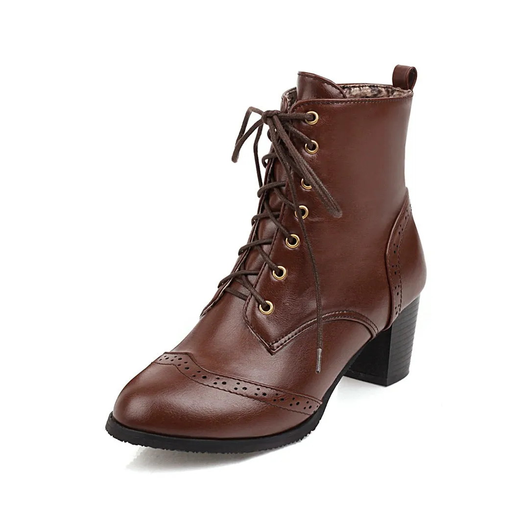 Women's vintage brogue lace-up block heels booties England style oxford ankle boots